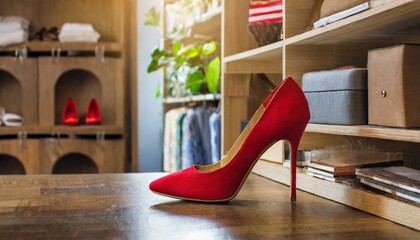 Beautiful red women's high-heeled shoe on the background of a large wardrobe or wardrobe