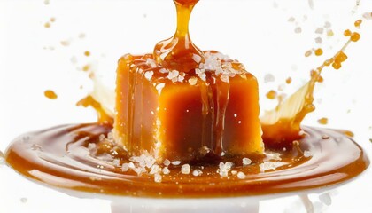  Flying salty caramel candy topped with salt crystals and pouring caramel sauce isolated  - 755808331