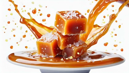 Flying salty caramel candy topped with salt crystals and pouring caramel sauce isolated 