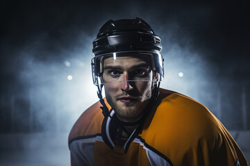 Portrait of hockey player skating in arena. Generative AI - obrazy, fototapety, plakaty