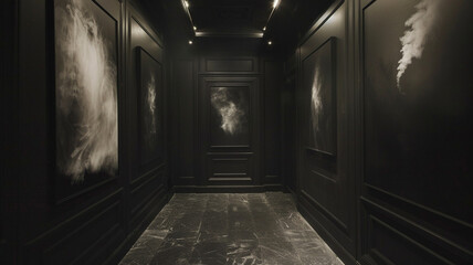 Onyx-black walls adorned with haunting photographs emitting a ghostly aura.