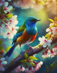  Colorful Bird. Songbird in Cherry Blossoms