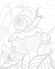 Coloring book for adults. Nature.  Snail sits on a mushroom. Vector image.