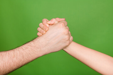 Photo of two people arms palms showing solidarity hands shaking isolated green color background