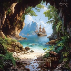 Fototapeta premium Pirate Cove Background: Hidden treasure chests, rugged cliffs, and pirate ships anchored in a secluded cove evoke the thrill of a pirate adventure.
