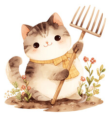 Kawaii cat with garden rake, watercolor illustration - 755809347