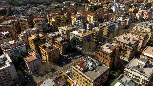 Aerial view of houses and buildings in the Parioli district in Rome, Italy. Located in the city center, it is one of the most valuable neighborhoods in the Italian capital.