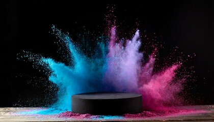 Beautiful Empty round black podium platform mockup for product or cosmetics presentation. Colored powder explosion 