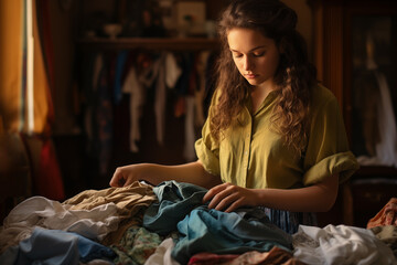 Fototapeta na wymiar Thoughtful young woman organizes clothing in a cozy, sunlit room