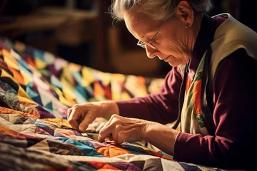 Fotobehang Close-up of a senior woman with glasses meticulously stitching colorful quilt pieces by hand © Татьяна Евдокимова