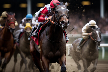 Horse race in action. Sportsmen riding horses on racetrack fast. Generative AI - obrazy, fototapety, plakaty