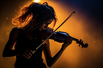 Fototapeta premium Young beautiful lady playing violin on scene. Generative AI