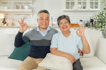 Portrait of senior couple sitting on couch at home looking at camera smiling.old retired age asian...