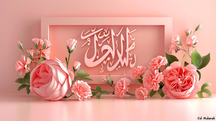 Pale peach "Eid Mubarak" on a pastel pink background.