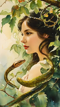 Innocent Eve in the Garden of Eden with the snake. The first sin of humanity.