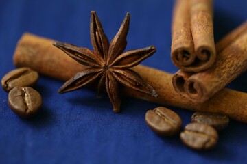 Coffee beans, star anise an cinnamon spices on deep blue background