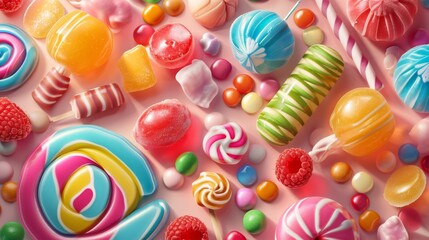 Colorful candies and lollipops in background on pink background. View from above