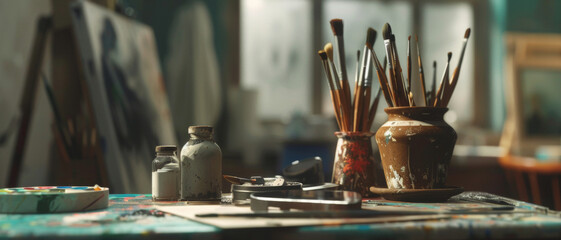 A cozy, well-used artist's corner filled with paintbrushes and inspiration.