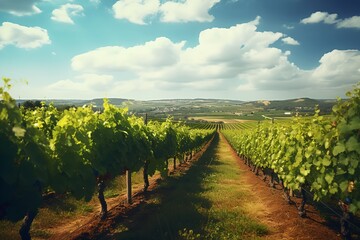 Fototapeta na wymiar Vineyard at sunny day, green vines and ripe grapes