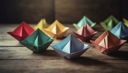 colorful paper origami on wooden table  - obrazy, fototapety, plakaty