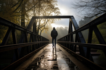 Back view of young man pensively standing along footbridge. Generative AI - 755810544