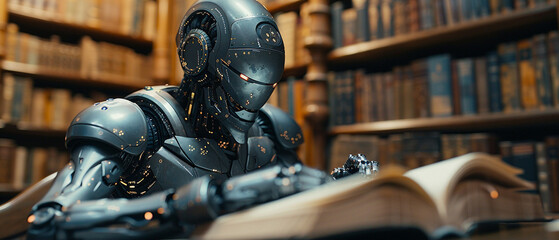 A humanoid robot analyzes information from a book in a library, illustrating artificial intelligence.