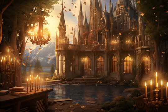 Fairytale illuminated castle with beautiful garden. Generative AI