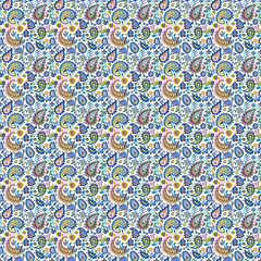 Bright colorful paisley seamless repeating pattern illustration. 