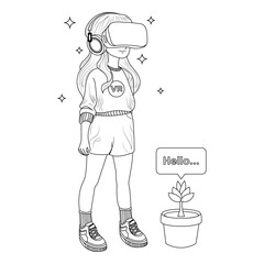 Hand drawn girl using virtual reality coloring book illustration