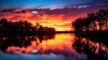 Fototapeta premium Silhouetted trees along a riverbank during a colorful sunset