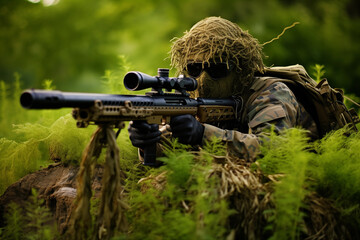 Army sniper aiming with optical sight on rifle. Generative AI