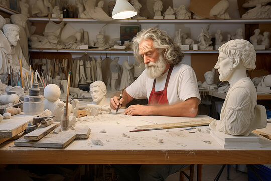 Pensive man sculptor making beautiful sculptures at workshop. Generative AI