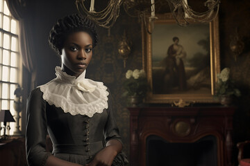 Portrait of noble aristocratic black woman wearing elegant dress. Generative AI