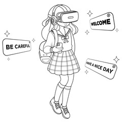 Hand drawn girl using virtual reality coloring book illustration