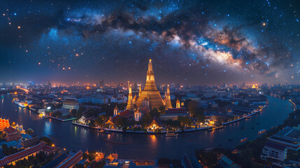 Fototapeta na wymiar Night view of Bangkok with Wat Arun temple and starry sky.