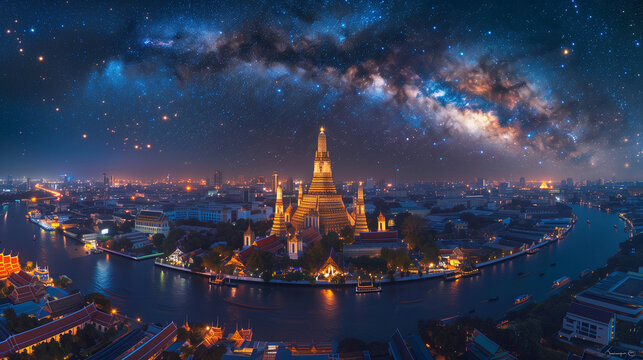 Night view of Bangkok with Wat Arun temple and starry sky.