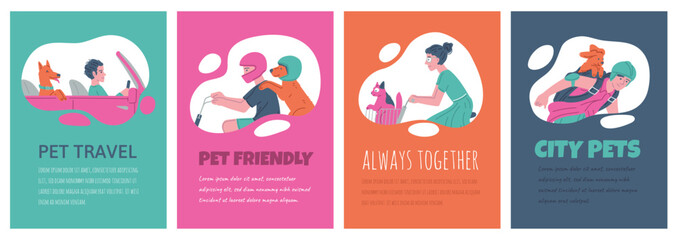 Set of posters or vertical banners about pet transport flat style, vector illustration