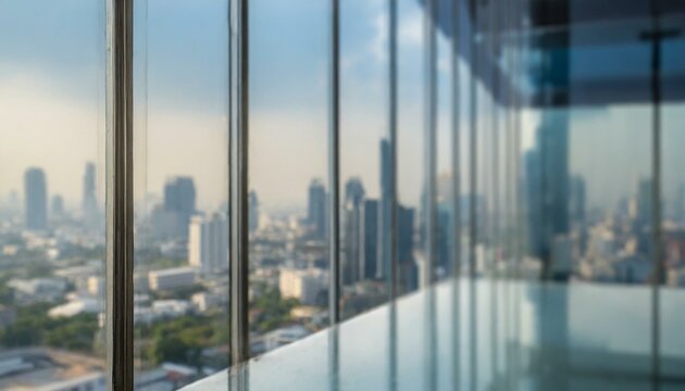  Blurred images of glass wall with city town background. modern abstract window 