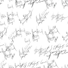 Fototapeta na wymiar Seamless pattern of handwritten text on white paper in monochrome