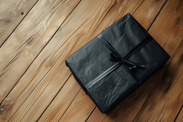 Black gift box with bow on wooden floor in natural light, celebration and surprise concept