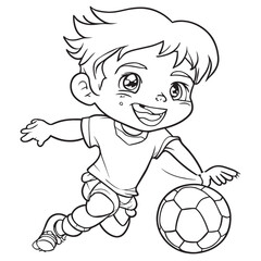 boy playing football coloring book, vector illustration line art