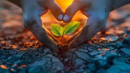 Delicate hands form a shelter around a small plant sprouting from parched, cracked earth, with warm sunlight filtering through.. - obrazy, fototapety, plakaty
