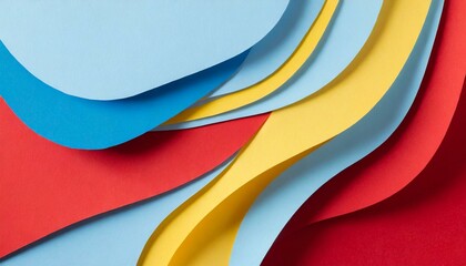 Abstract colored paper texture background. Minimal paper cut style composition with layers of geometric shapes and lines in red, yellow and light blue colors