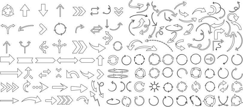 vector set of diverse arrows, circles, lines. Ideal for web design, presentations, infographics. Editable stroke, scalable graphics. Black arrow symbols. Directional icons for user interface