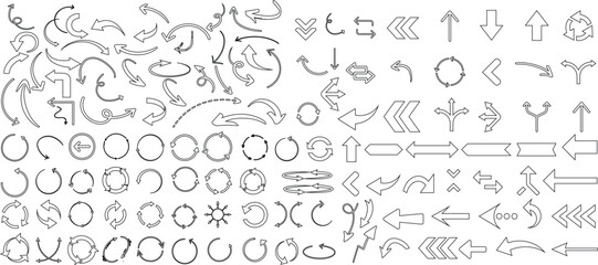 Hand drawn arrow icon set, sketchy arrows, circles, swirls vector set. Ideal for web design, navigation, interface. Doodle style elements for pointers, directions. arrows collection