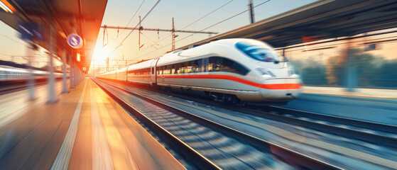 High-speed train blurs through a modern station, embodying motion and progress.