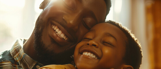 Warm sunlight embraces a joyful father and son sharing an affectionate moment together. - obrazy, fototapety, plakaty