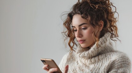 Cropped image of European woman holding her smartphone which represents modern connectivity on a white background It conveys simplicity and elegance in the use of contemporary technology.