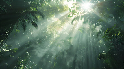 african jungle canopy with sun rays shining brightly - obrazy, fototapety, plakaty