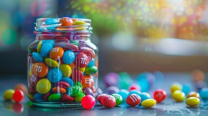 Transparent glass jar filled with colorful candies, presenting a sweet and vibrant display with transparency. - Powered by Adobe